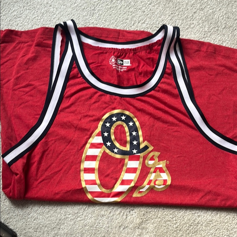 TWO New Era Red Athletic Tank Top with Striped Trim